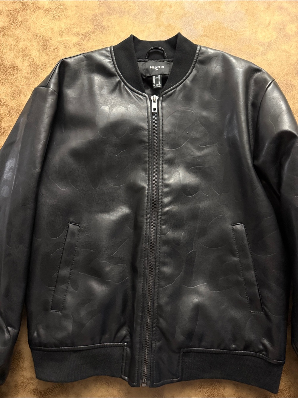 Forever 21 Black Faux Leather Bomber Jacket with Subtle Embossed Design
